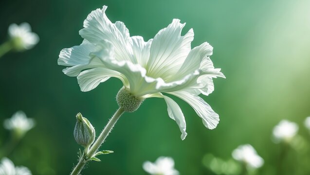 White musk mallow flower blooming during the day for macro photography. Close-up image showing white petals in a garden. A musk-mallow blossom against a green backdrop.