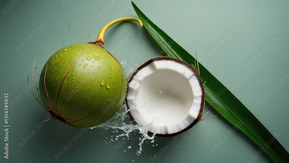 Poster Flat lay of Coconut juice splashing from a halved fruit isolated on a backdrop.