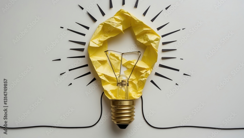 Poster Crumpled colored paper shaped like a light bulb isolated on a background with copy space, representing creative ideas and inspiration concepts.