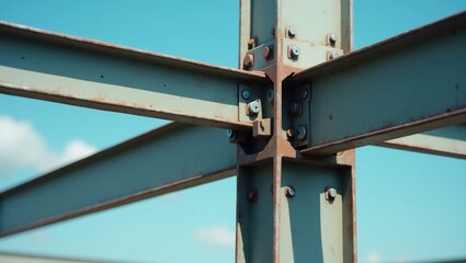 Bolted connection of mounted steel beams prior to welding. Metal construction with protective primer coating. Close-up view.