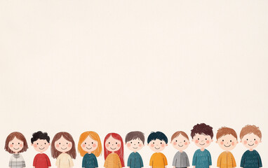 Adorable hand-drawn illustration of a diverse group of happy children standing in a row, featuring a minimalist background with space for text.
