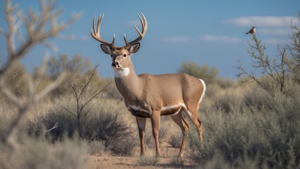 Majestic mule deer buck positioned among the thick desert vegetation.