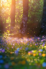 Fototapeta premium Beautiful colorful wild flowers in deep foggy forest with sun light in Spring.
