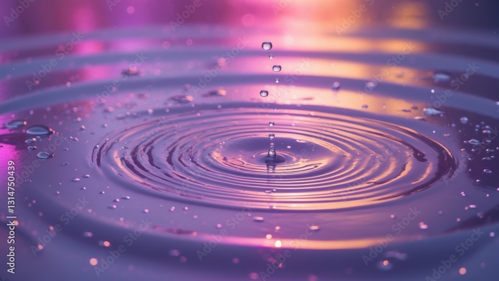 Poster a serene scene showcasing ripples on a water surface, illuminated by surreal purple and pink hues re
