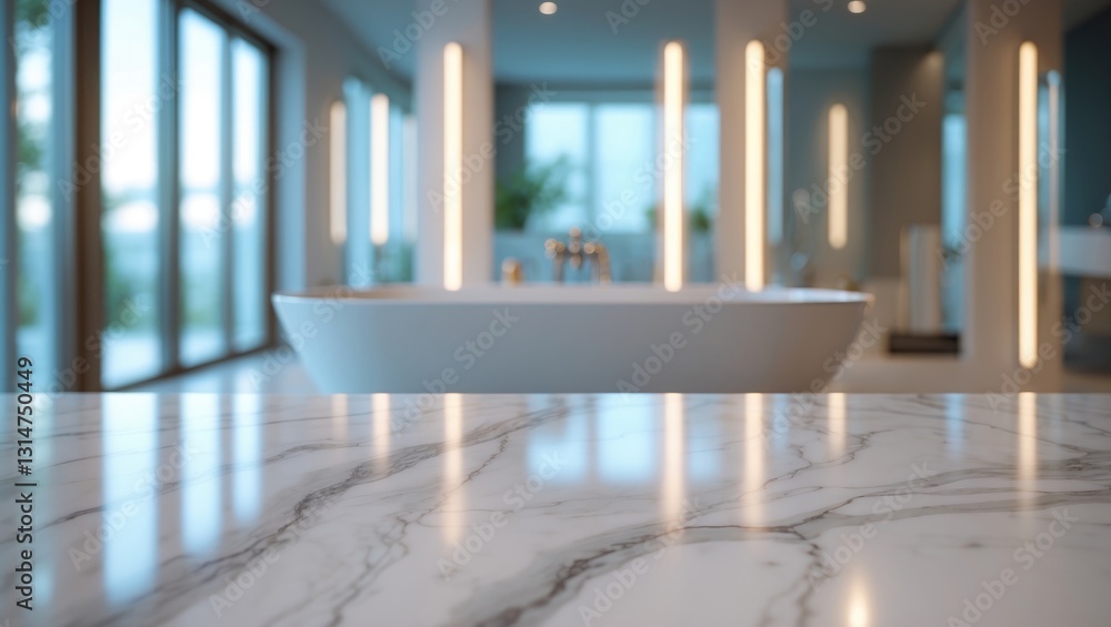Poster Empty marble top table featuring a blurred interior background for product display.