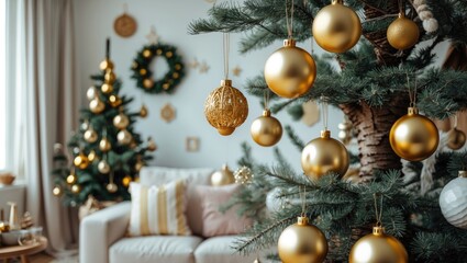 Modern gold ornaments with space for text hanging from a tree in a bright room with enjoyable decorations.