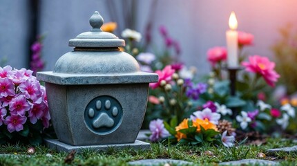 Stone Pet Urn Surrounded by an Abundance of Flowers and a Burning Candle