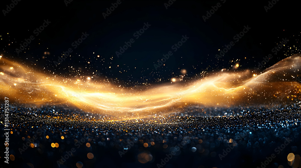 Poster golden wave of light on a dark sparkling background with glitter illumination and bokeh effect abstr