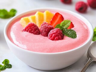 A vibrant bowl of creamy fruit smoothie topped with fresh raspberries, strawberries, mango, and mint, perfect for a refreshing snack or breakfast.