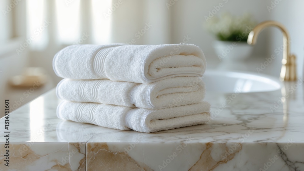 Poster panorama image of towels placed on a marble top table with blank space in the blurred background. su