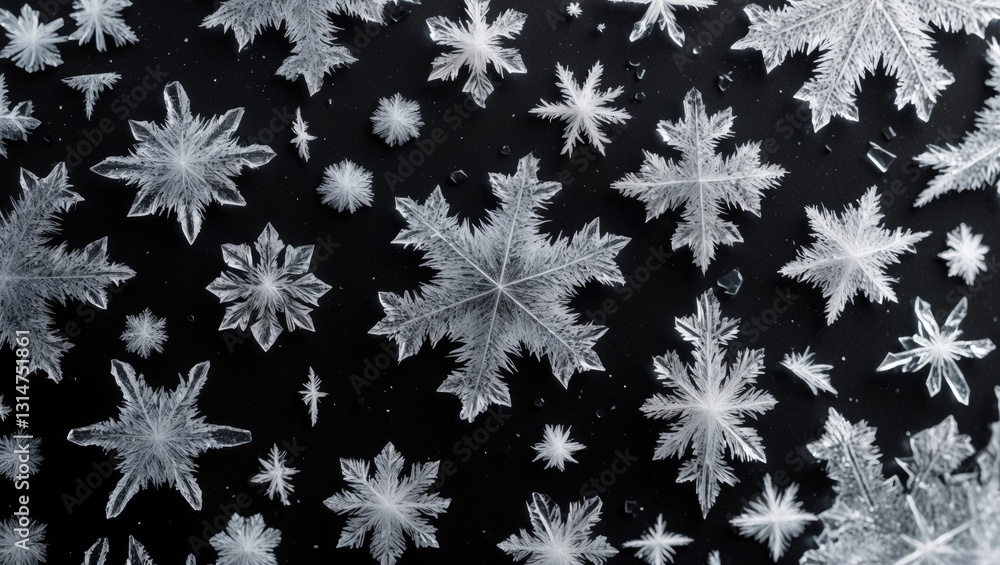 Poster an abstract image showcasing a pattern of frost on a glass surface. the macro depicts a black and wh