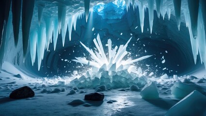 Realistic depiction of ice blocks descending from the sky and exploding in a snowy cave with beams of blue light.