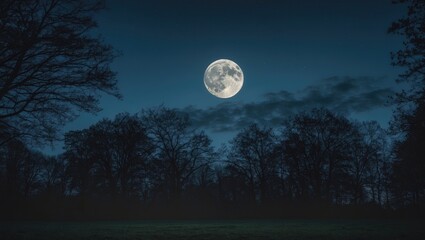 Moon in the night sky over a forest with dark tree silhouettes.