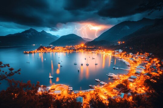 A thunderstorm approaching a coastal town, with dark clouds rolling in and lightning streaking across the sky