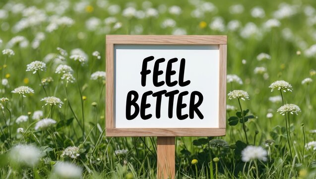 Symbol for feeling better. White chalkboard with text. Lovely meadow backdrop. Business and concept. Space for copying.