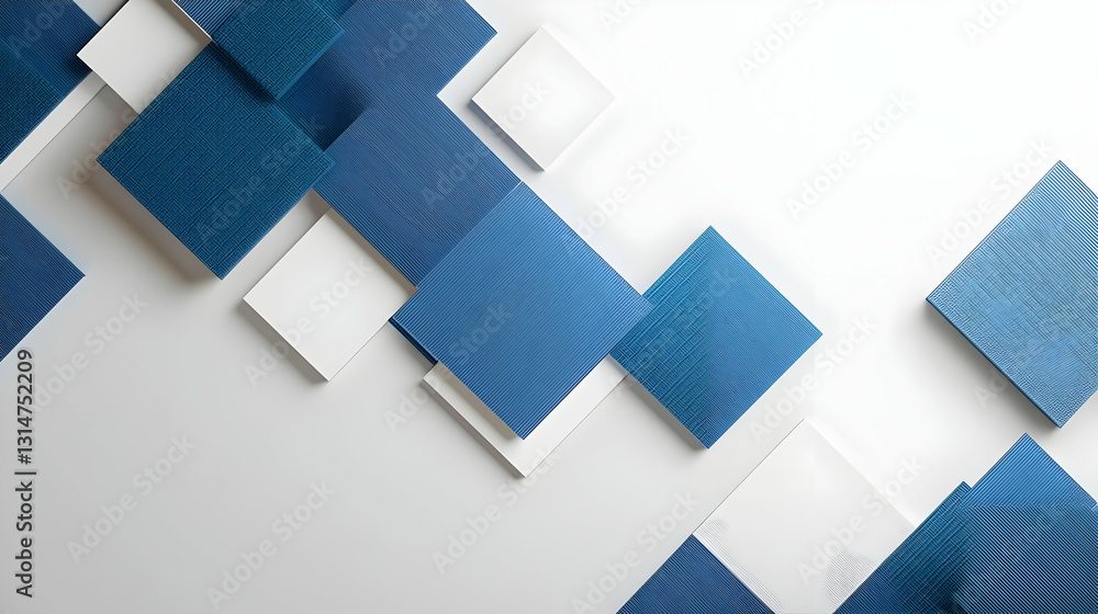 Poster 3d render of blue and white textured squares in a modern abstract design on a white background with 