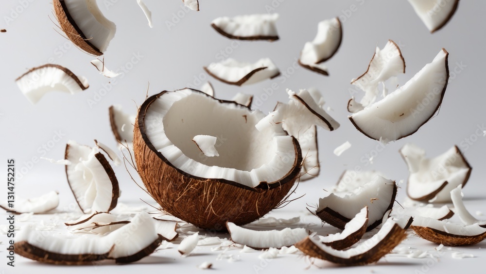 Poster falling coconut, isolated against a white background, with full depth of field and a clipping path.