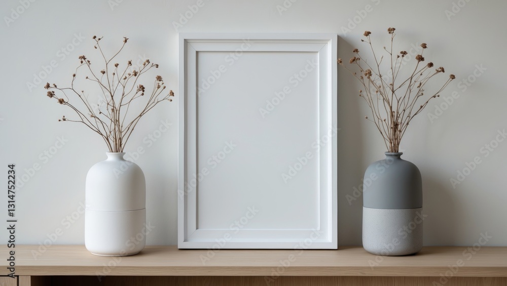Poster mock up white frame and dry twigs in a vase on a shelf or desk. white colors.