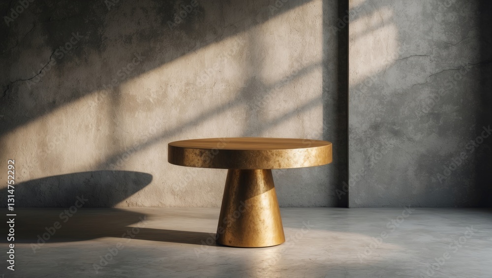 Poster the backdrop features a gold stucco table casting a natural shadow against a concrete wall texture, 