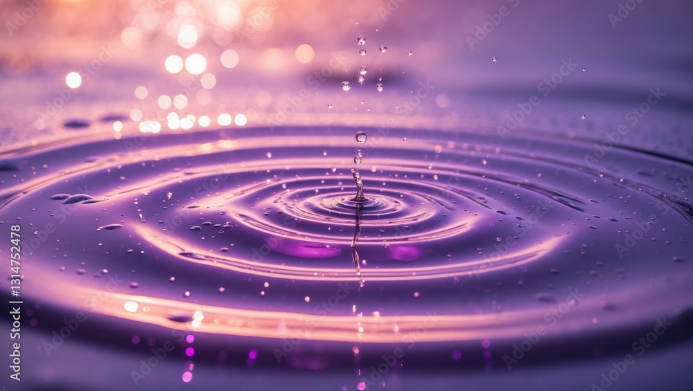 Poster a serene scene showcasing ripples on a water surface, illuminated in surreal purple and pink tones r