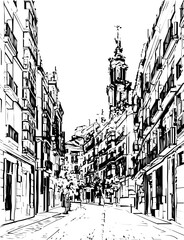 Fototapeta premium spain, coloring page, drawing, architecture, sketch, building, city, vector, church, illustration, street, town, old, art, house, europe, prague, travel, castle, tower, vintage, london, draw, tree, la