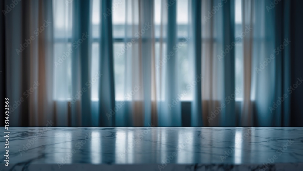 Aufkleber Marble table top with empty space and blurred window curtain background.