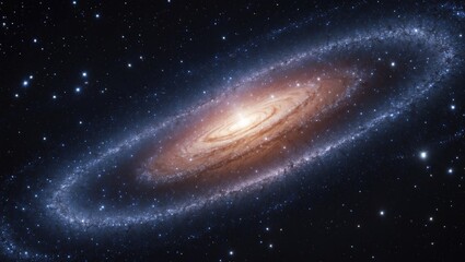 Elliptical galaxy set against a black backdrop. Stunning galaxy featuring star clusters. Cosmic scenery, splendor of the universe.