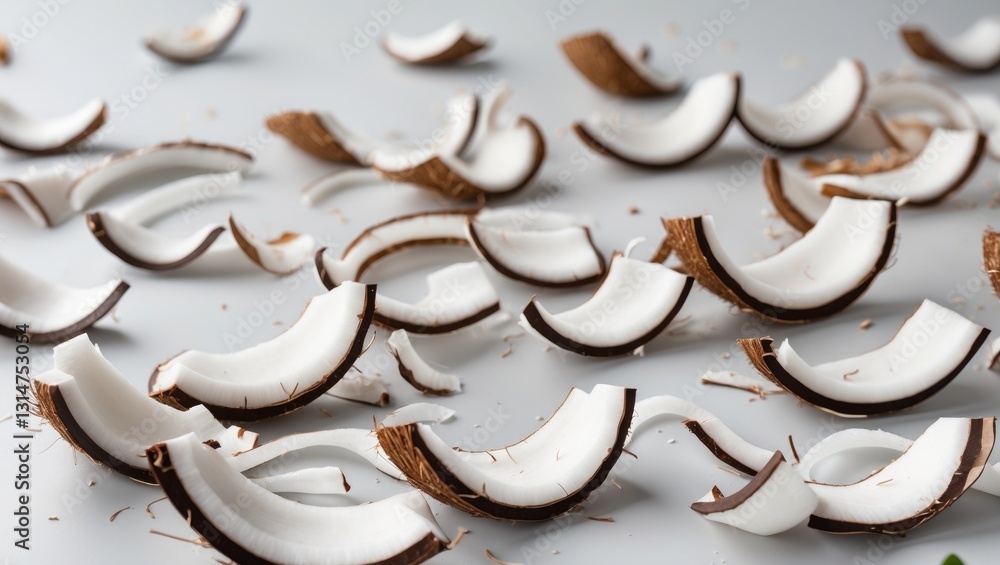 Aufkleber Falling coconut curls and shavings scattered on a background, with a clipping path and full depth of field.