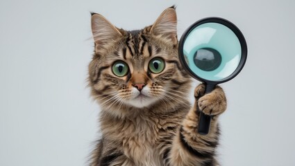 Obraz premium Portrait of a curious funny cat gazing through a magnifying glass against a white background.