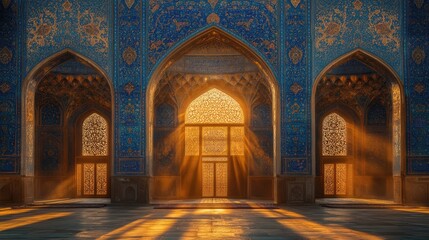 Fototapeta premium Sunlit Arches in a Blue and Gold Mosque Interior