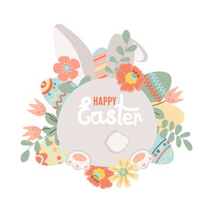Happy easter. Spring flowers with the easter eggs and rabbit rear view on white background. Can be add text. Design for banner, poster, postcard. EPS10.