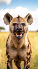 Naklejka premium Portrait of a cute brown dog, resembling a hyena, with a mix of white and black fur, on the grass in a safari-like setting, with natural wildlife in the background, resembling a young shepherd dog