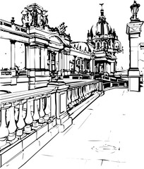 spain, coloring page, drawing, architecture, sketch, building, city, vector, church, illustration, street, town, old, art, house, europe, prague, travel, castle, tower, vintage, london, draw, tree, la