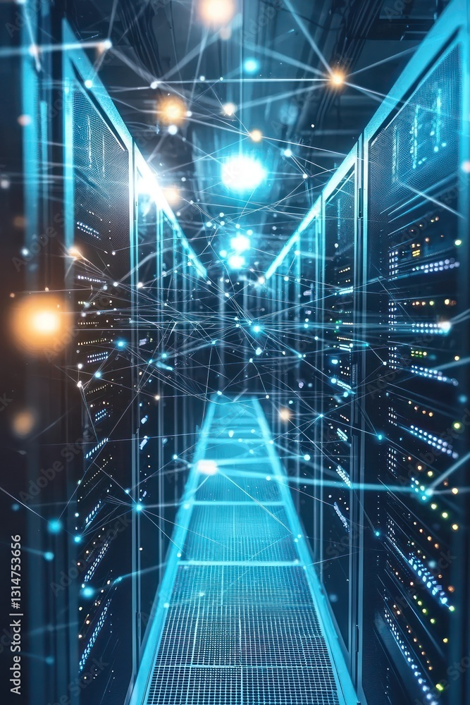 Poster dim server room with modern tech visualizes uninterrupted internet data streaming.