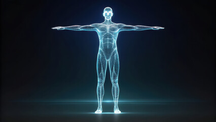 Obraz premium holographic projection of human figure showcasing wireframe design, emphasizing technology and innovation in digital art. This captivating visual represents future of human representation
