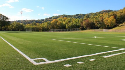 Lush green artificial turf soccer field with white lines, set against a backdrop of autumnal hills and trees under a clear blue sky.