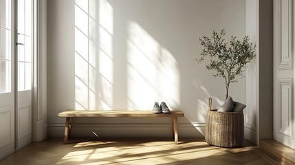Modern entryway with a wooden bench, woven basket, and neatly placed shoes, sunlight casting soft shadows and adding warmth and elegance to the minimal space.
