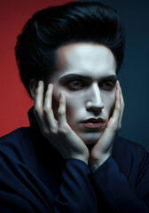 Pale man with dark hair in a high-contrast portrait, gothic and cinematic aesthetic.