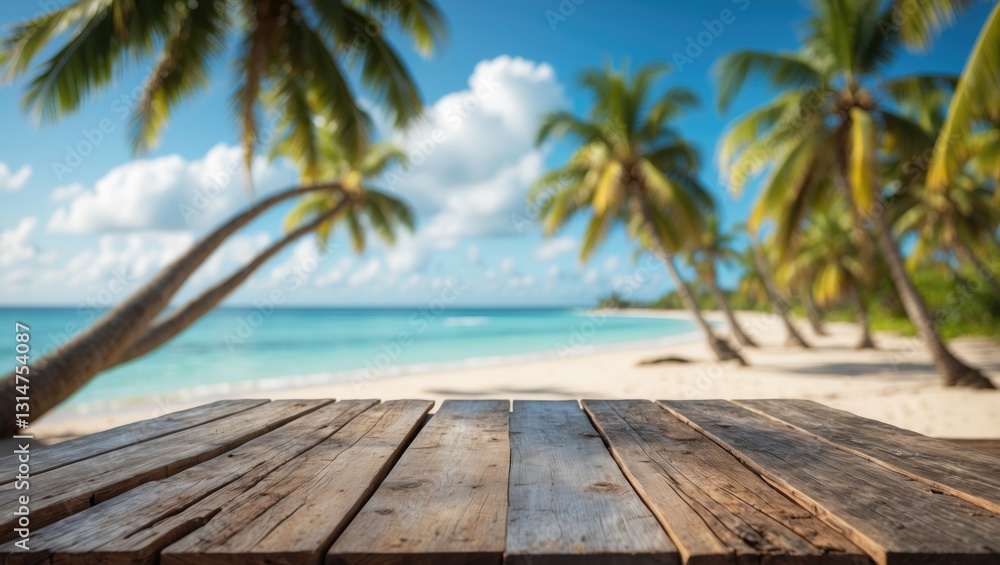 Poster Empty wooden table with a blurred beach and coconut trees in the background.