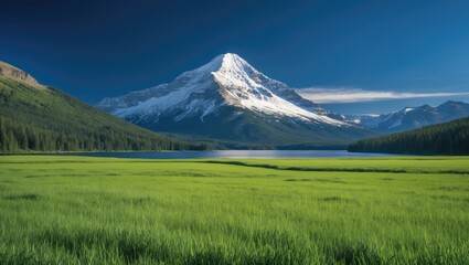 Fototapeta premium Mount Bachelor observed from a lush green meadow under a vibrant blue sky.