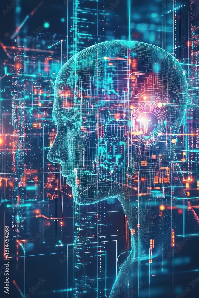 Poster conceptual visualization of ai and machine learning driving digital innovation.