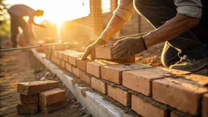bricklayer carefully places bricks in row at construction site during sunset