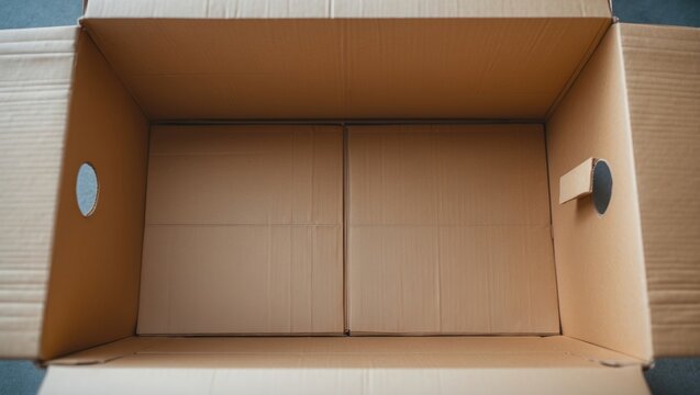 Close up top view of an empty opened cardboard box, parcel ready for dispatch. Advertisement for delivery services to customers. E-commerce, packaging for personal items during moving, relocation day.