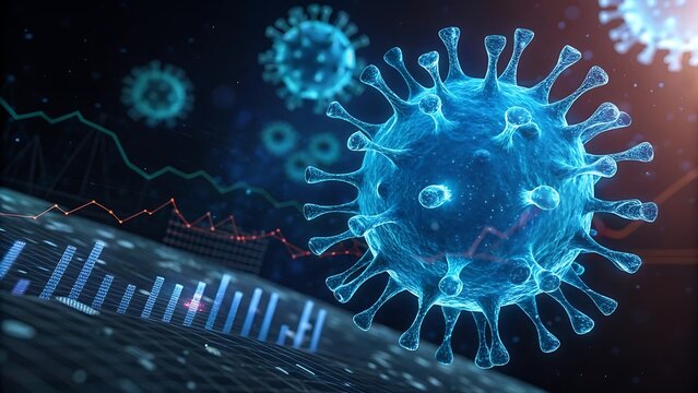 Coronavirus impact on global economy.  Financial charts and virus.