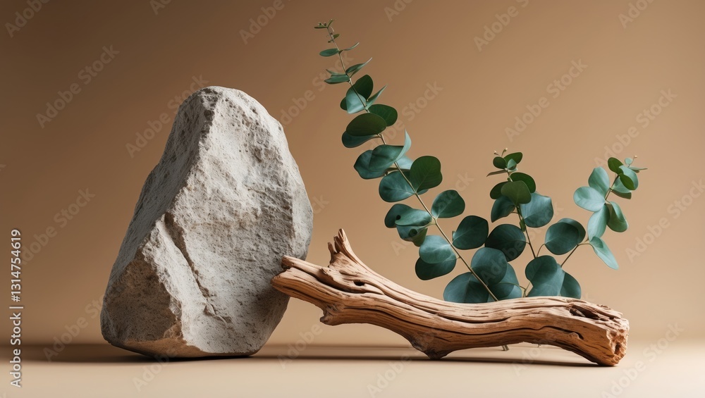 Poster podium for exhibitions and product presentations featuring stone and an eucalyptus branch. a lovely 