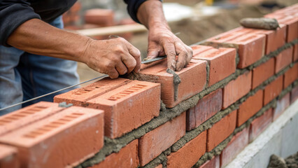 skilled bricklayer carefully aligns red bricks with precision on construction site