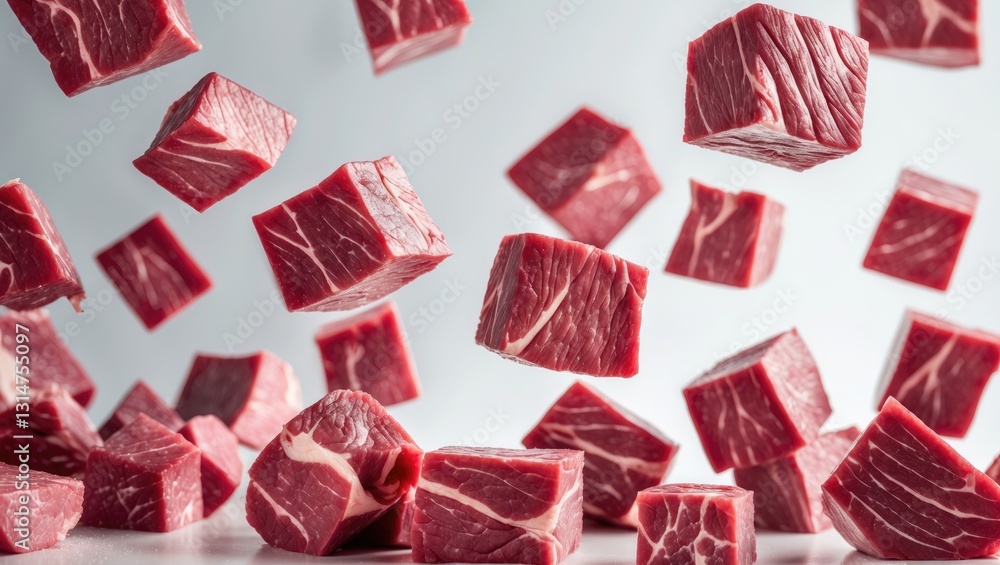 Poster Falling beef cubes, isolated against a background, with clipping path and full depth of field.
