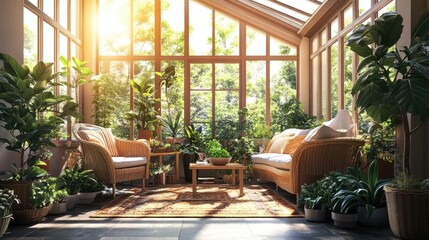 Fototapeta premium Sunlit Conservatory with Wicker Furniture and Lush Greenery