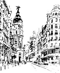 Naklejka premium spain, coloring page, drawing, architecture, sketch, building, city, vector, church, illustration, street, town, old, art, house, europe, prague, travel, castle, tower, vintage, london, draw, tree, la