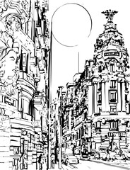 spain, coloring page, drawing, architecture, sketch, building, city, vector, church, illustration, street, town, old, art, house, europe, prague, travel, castle, tower, vintage, london, draw, tree, la
